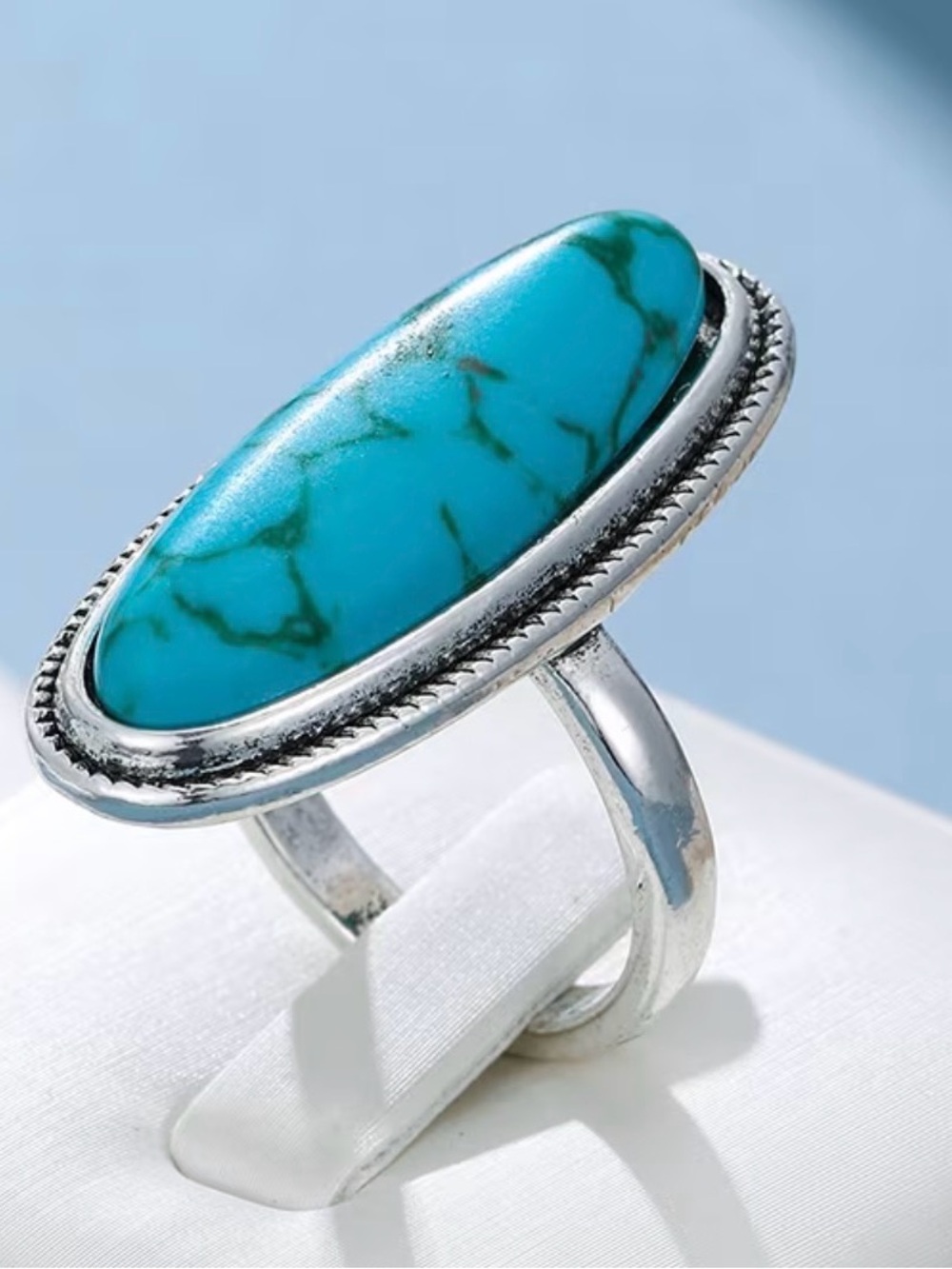 Turquoise Oval Stone Sterling-Style Ring - Women Jewelry size 8